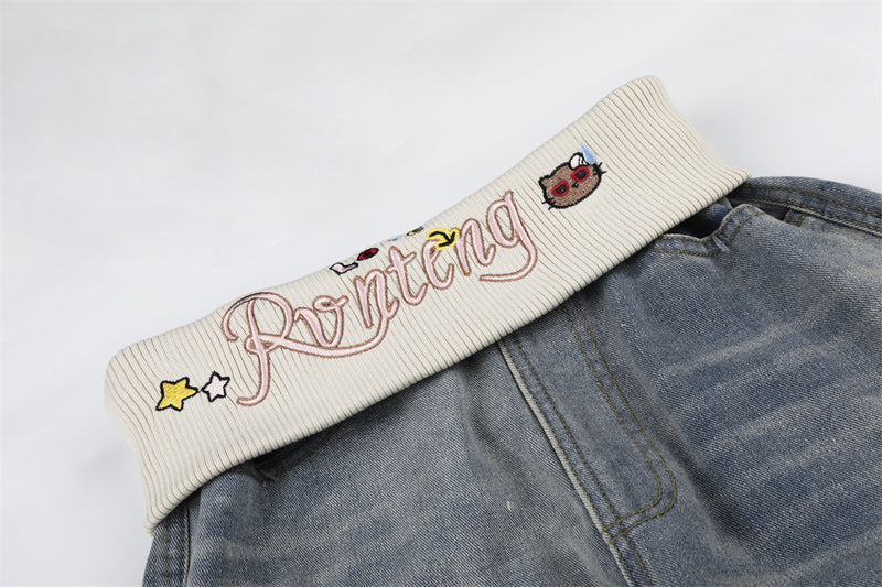 American Vintage Washed Cargo Wide-Leg Jeans with Ribbed Waistband