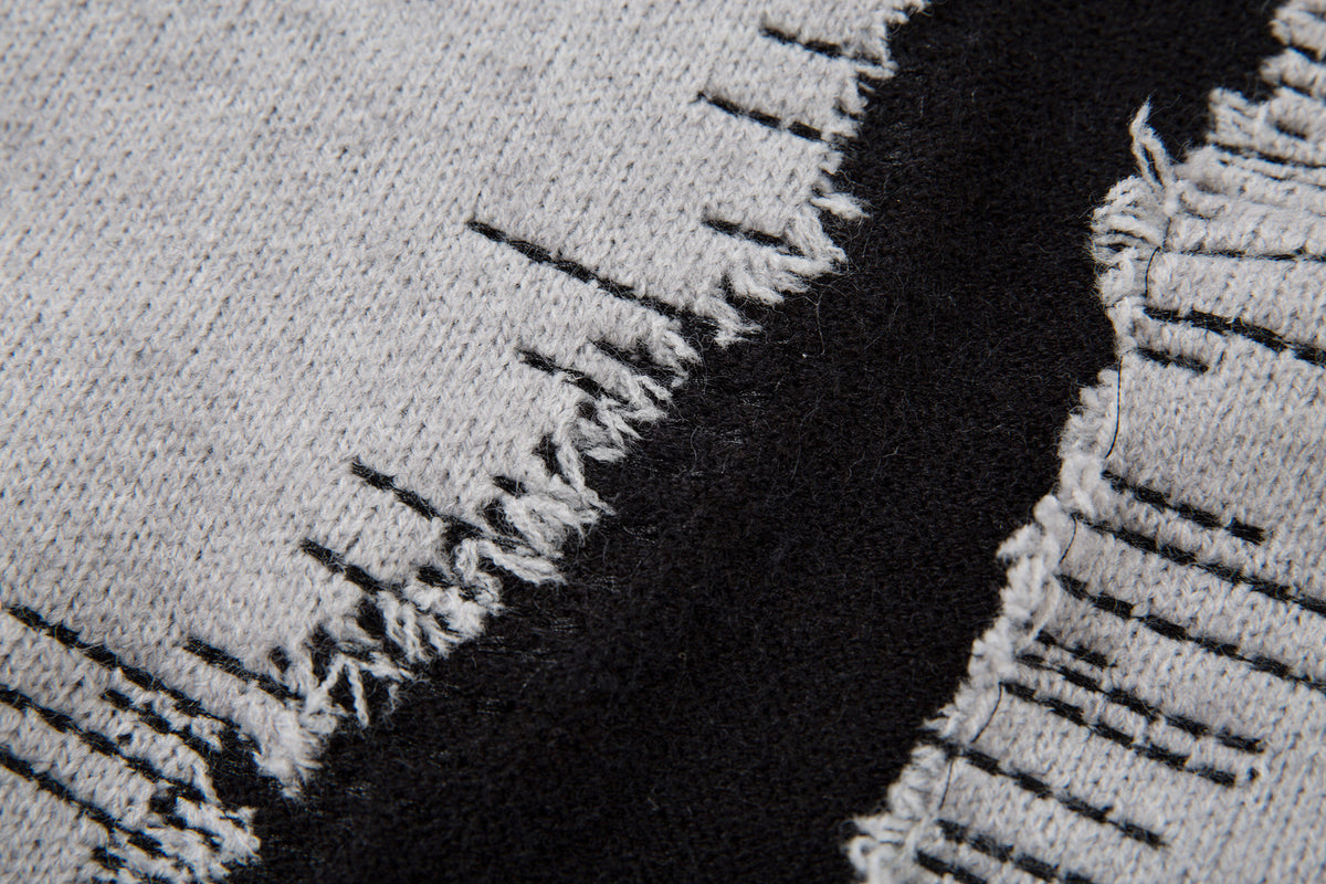 Distressed Knit Sweater with Double-Layer Collar and Raw-Edge Contrast Detail