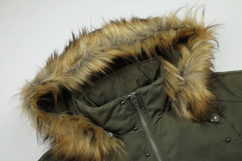Fur-Trim Hood Bomber Jacket – Padded Winter Flight Coat with Double-Breasted