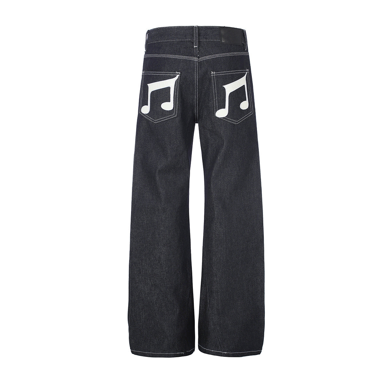 Jean baggy à jambes larges avec broderies et patch en cuir motif notes de musique — Denim noir brut
