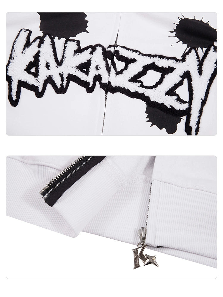 Monochrome Ink Splatter Hoodie - 400GSM Oversized White and Black Zip-Up Streetwear Sweatshirt