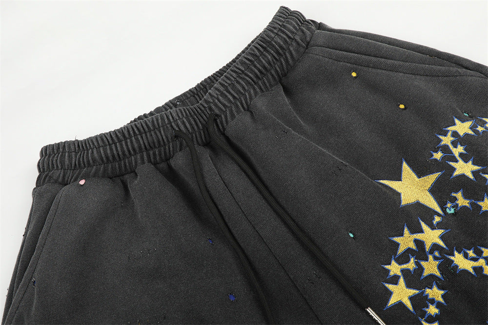 Pantalones de Chándal de Pierna Ancha con Estrellas Bordadas – Pantalones Streetwear Baggy Lavados al Ácido