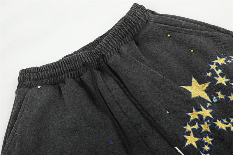 Pantalones de Chándal de Pierna Ancha con Estrellas Bordadas – Pantalones Streetwear Baggy Lavados al Ácido
