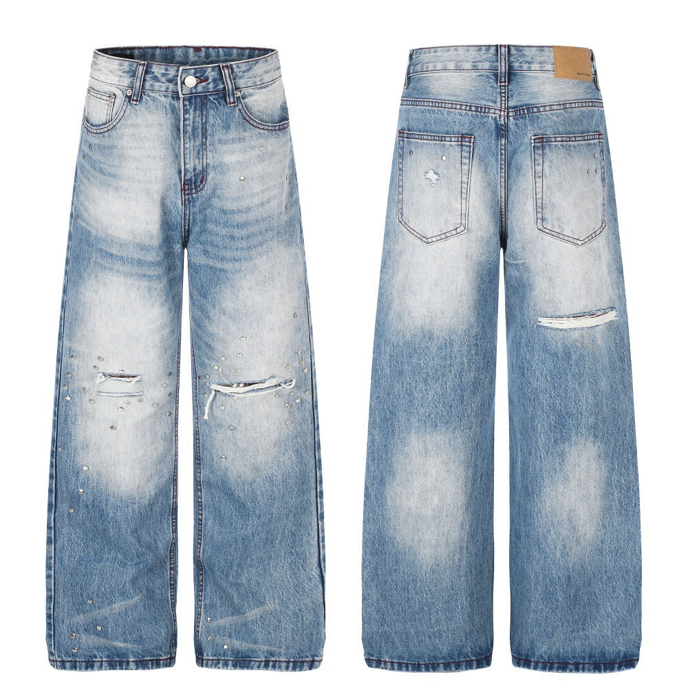 Gradient Washed Distressed Wide-Leg Jeans with Rhinestone Studs