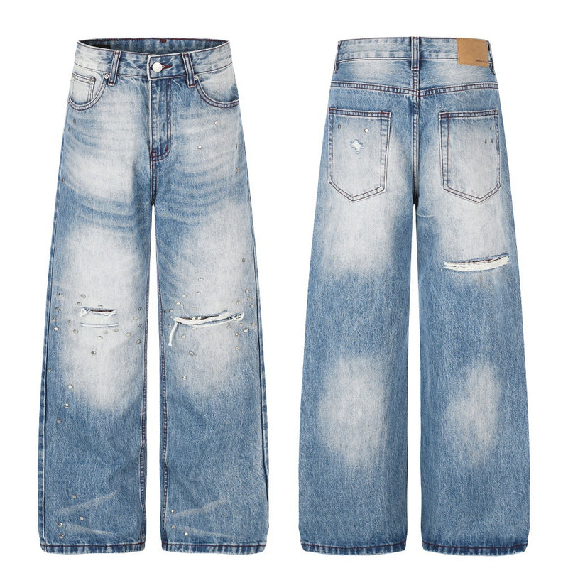 Gradient Washed Distressed Wide-Leg Jeans with Rhinestone Studs