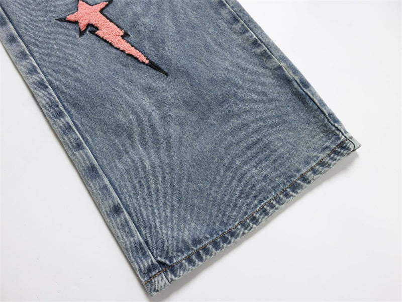 Wide-Leg Jeans with Embroidered Patches – Stars, Butterflies & Roses on Washed