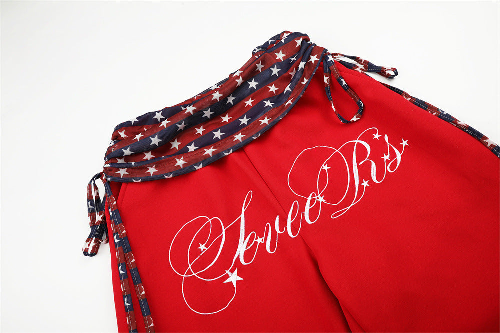 Wide-Leg Star & Stripe Waistband Pants with Side Drawstring Detail