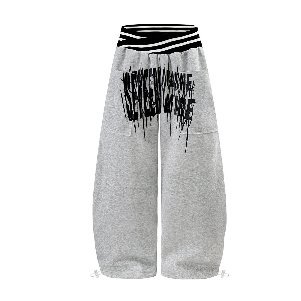 Oversized Wide-Leg-Sweathose mit schwarz-weiß gestreiftem Umschlagbund und Gothic-Grafikprint, in meliertem Grau