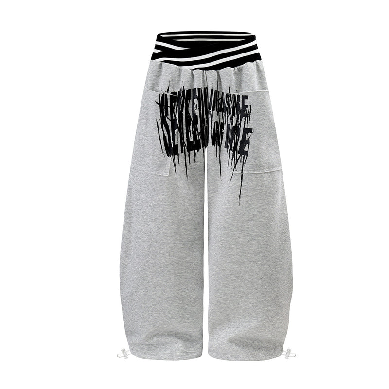 Oversized Wide-Leg-Sweathose mit schwarz-weiß gestreiftem Umschlagbund und Gothic-Grafikprint, in meliertem Grau