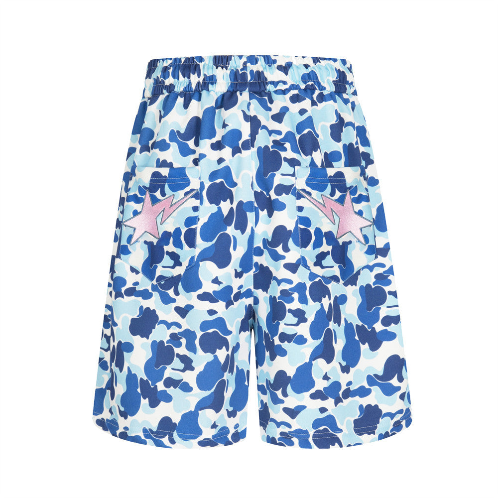 Camo Print Shorts Men Star Embroidery Elastic Waist Streetwear Basketball Shorts