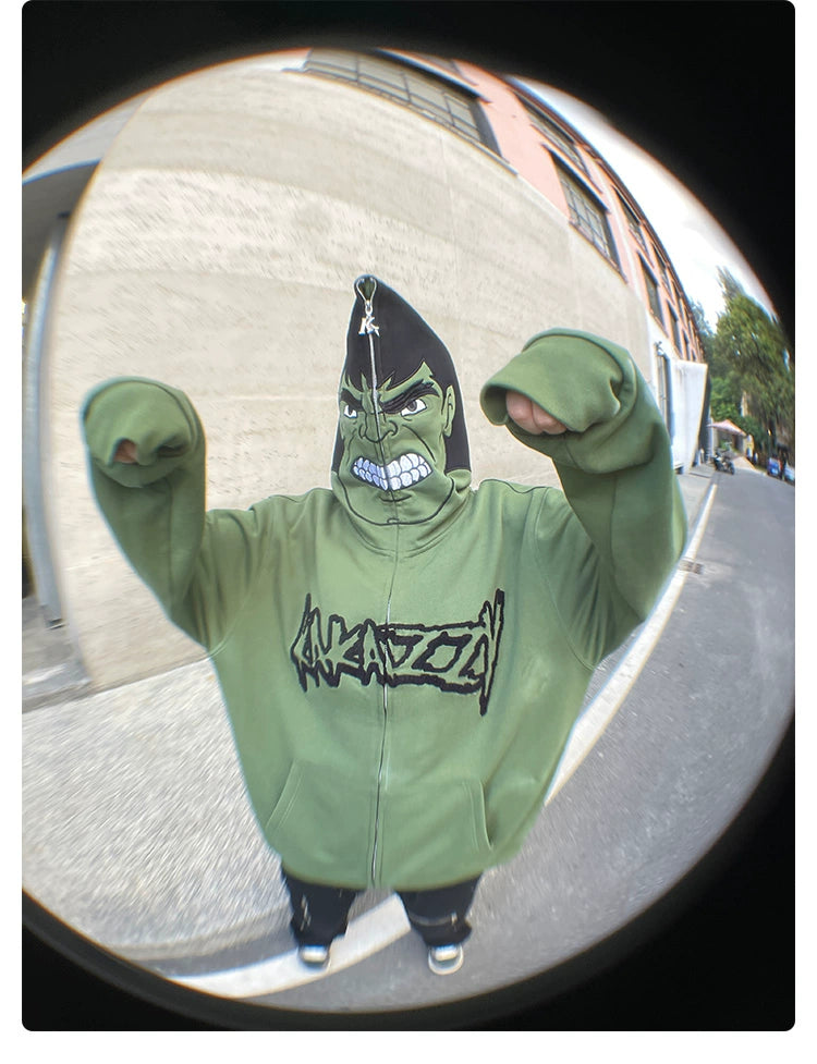 Hulk-Inspired Hoodie - 400GSM Oversized Green Zip-Up Superhero Sweatshirt