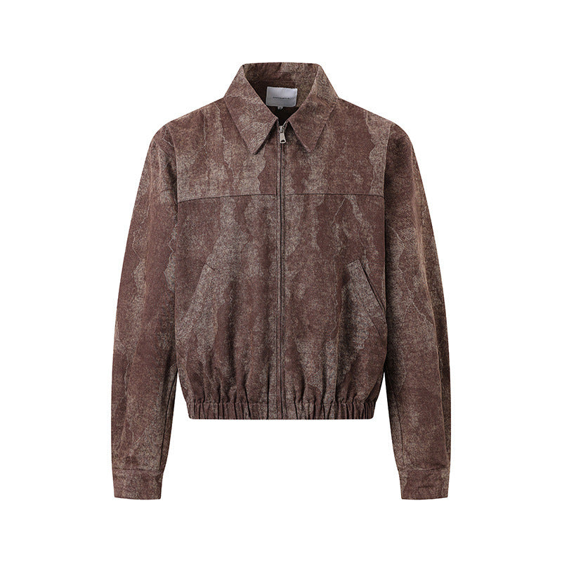 Men's brown vintage washed camo-print boxy bomber jacket with zip closure and elasticated hem, front view