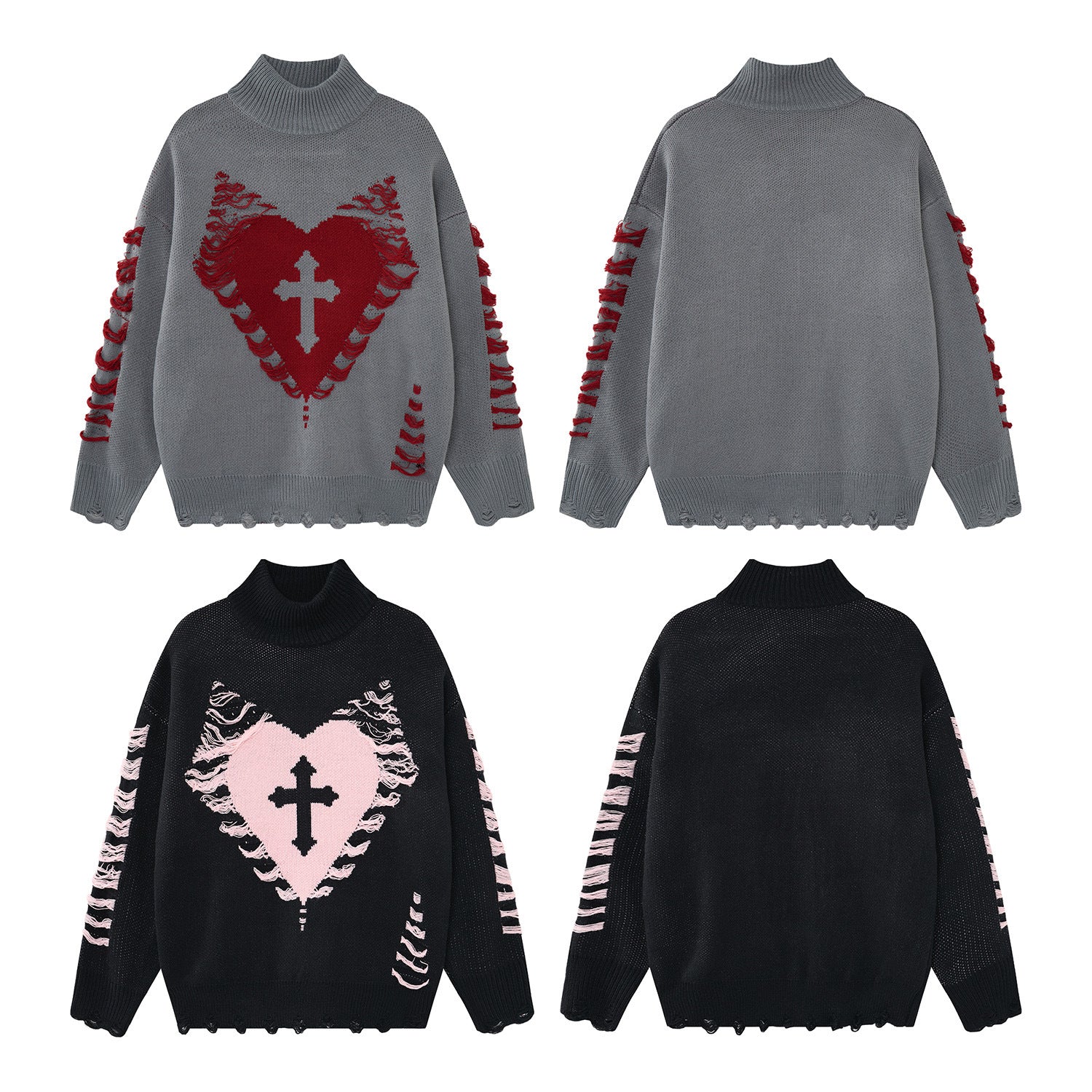 Pull à col montant Cross Heart en maille délavée – Jacquard gothique sombre à franges