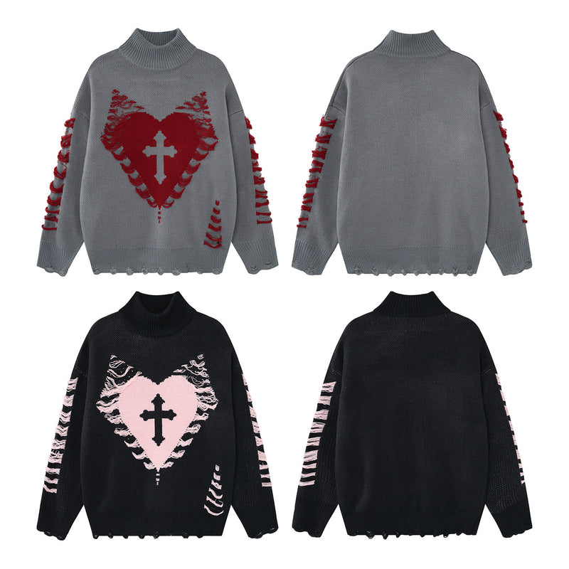 Pull à col montant Cross Heart en maille délavée – Jacquard gothique sombre à franges
