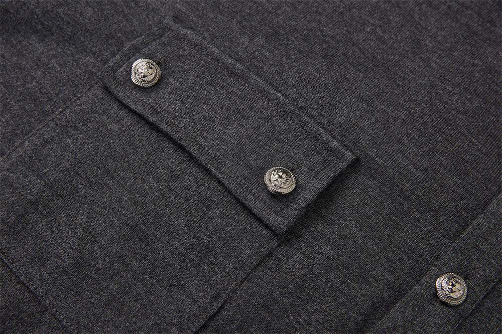 Men's Henley Long Sleeve T-Shirt with Metal Buttons & Dual Chest Pockets
