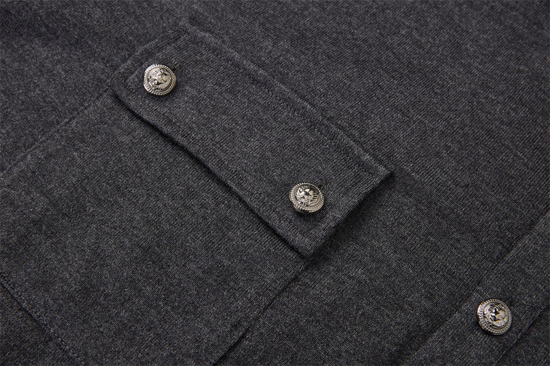 Men's Henley Long Sleeve T-Shirt with Metal Buttons & Dual Chest Pockets