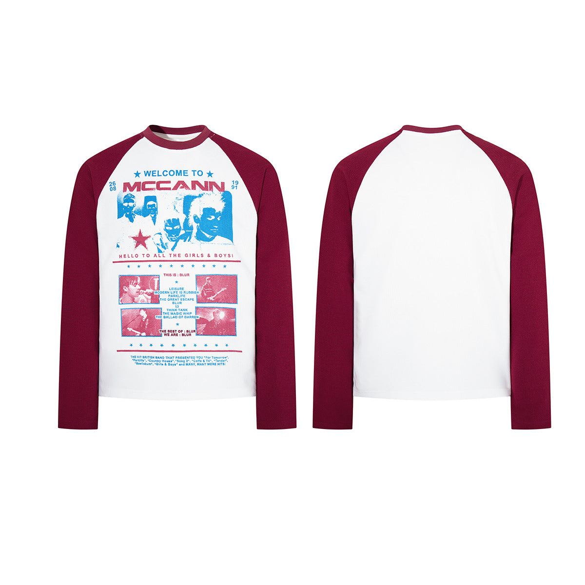 Raglan-Longsleeve – Retro-Bandgrafik, Waffelstrickärmel, Weiß &