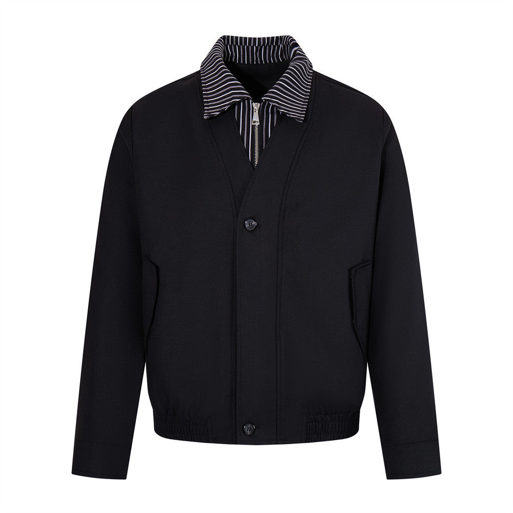 Men's Black Bomber Jacket with Striped Layered Collar