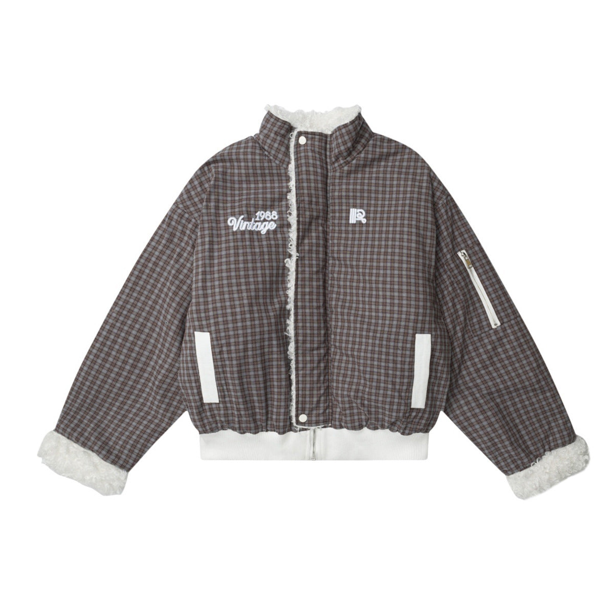 Reversible Plaid & Sherpa Bomber Jacket – Vintage 1988 Embroidered Padded Coat