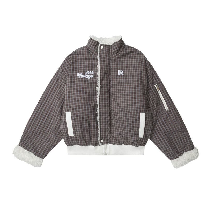 Reversible Plaid & Sherpa Bomber Jacket – Vintage 1988 Embroidered Padded Coat