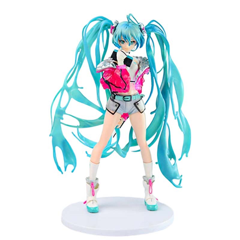 The Hatsune Miku 24cm PVC Figure shows the Vocaloid star with long turquoise twin pigtails, in a pink and silver outfit, white boots, confidently posing with hands near her face on a round white base.