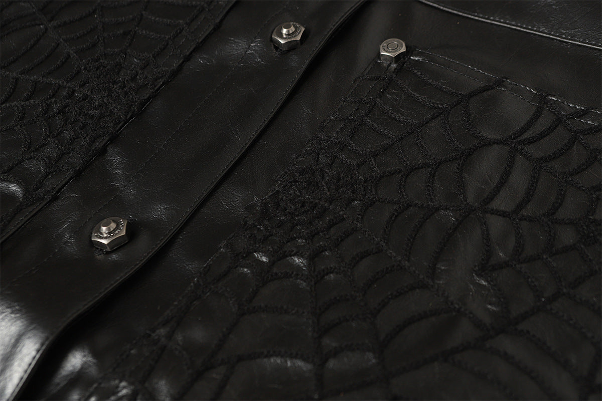 Spiderweb Embroidered PU Leather Jacket – Oversized Moto Fit