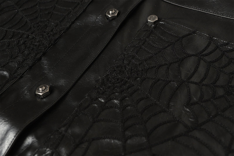 Spiderweb Embroidered PU Leather Jacket – Oversized Moto Fit