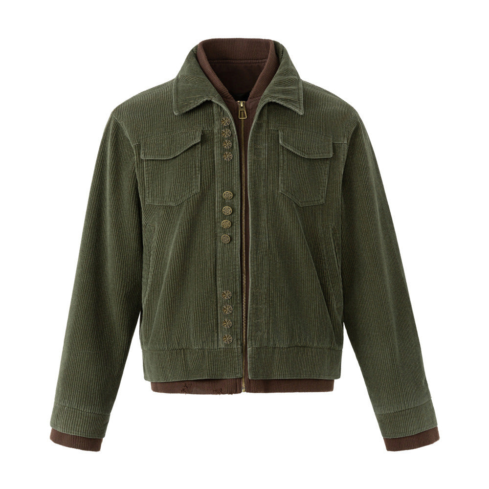 Men's Army Green Corduroy Jacket with Metal Buttons & Layered Hem Detail