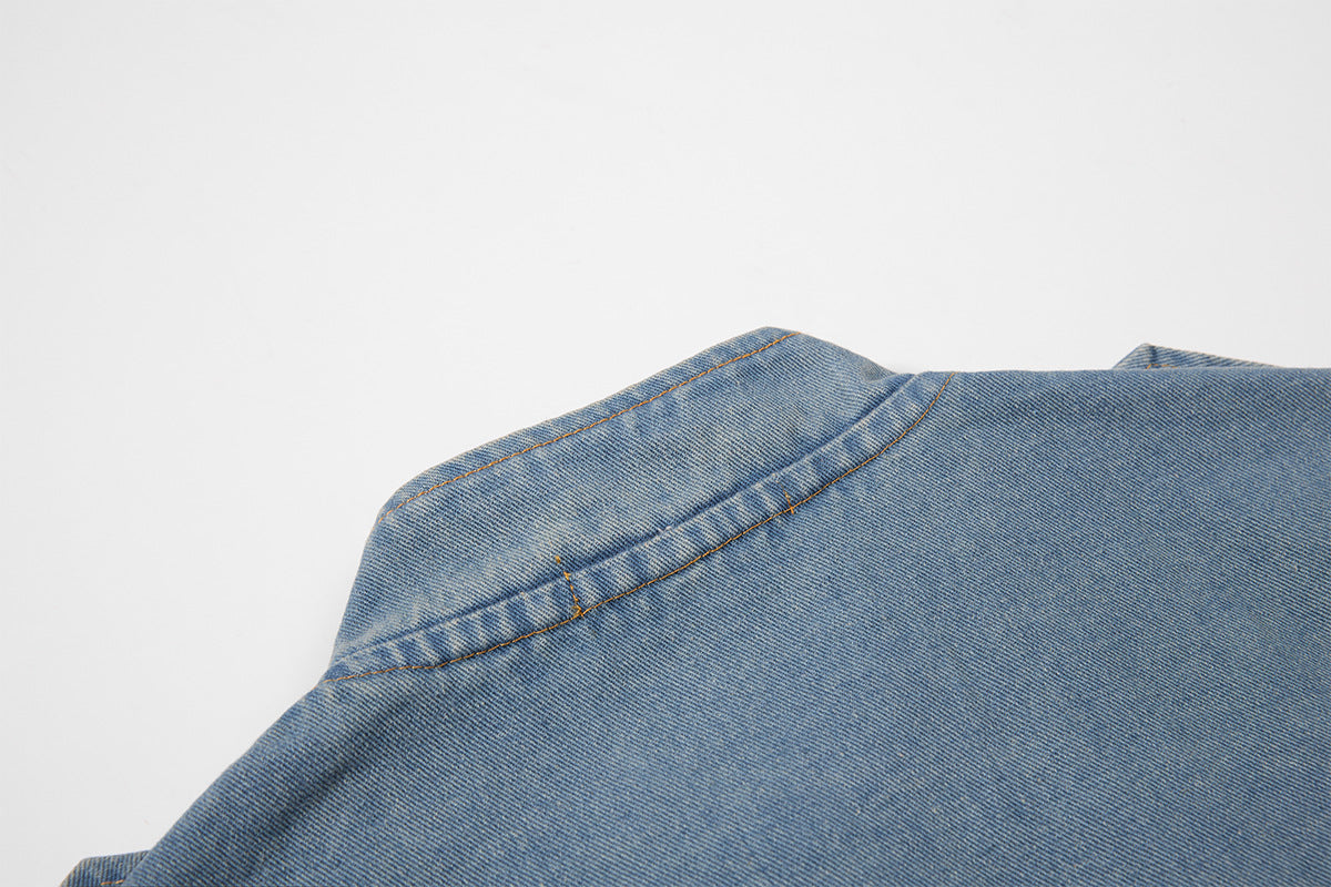 Military-Style Washed Denim Jacket – Stand Collar, Double-Breasted Button Detail