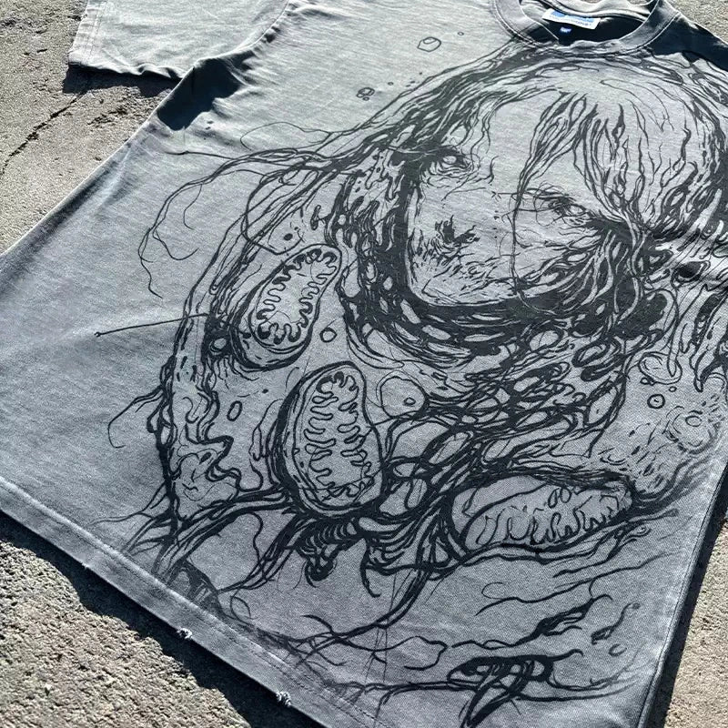 Dark Art Sketch Figure Oversized Vintage Wash Graphic T-Shirt