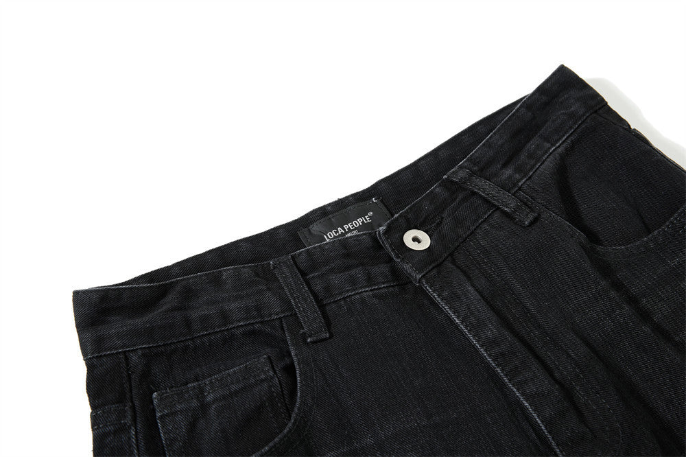 Wide-Leg Jeans Men – Washed Denim, Rhinestone Cross & Paint Splatter Detail