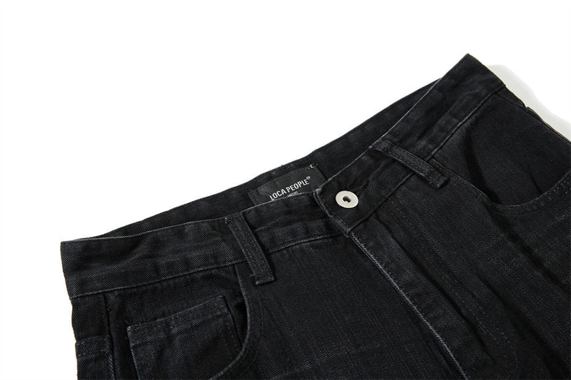 Wide-Leg Jeans Men – Washed Denim, Rhinestone Cross & Paint Splatter Detail