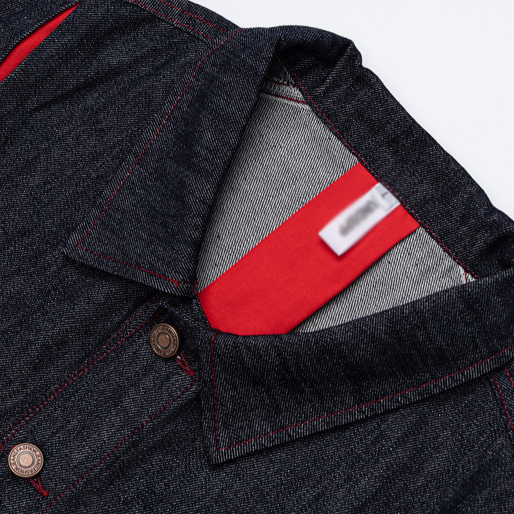 Men's Dark Indigo Denim Jacket with Red Contrast Seam Detail