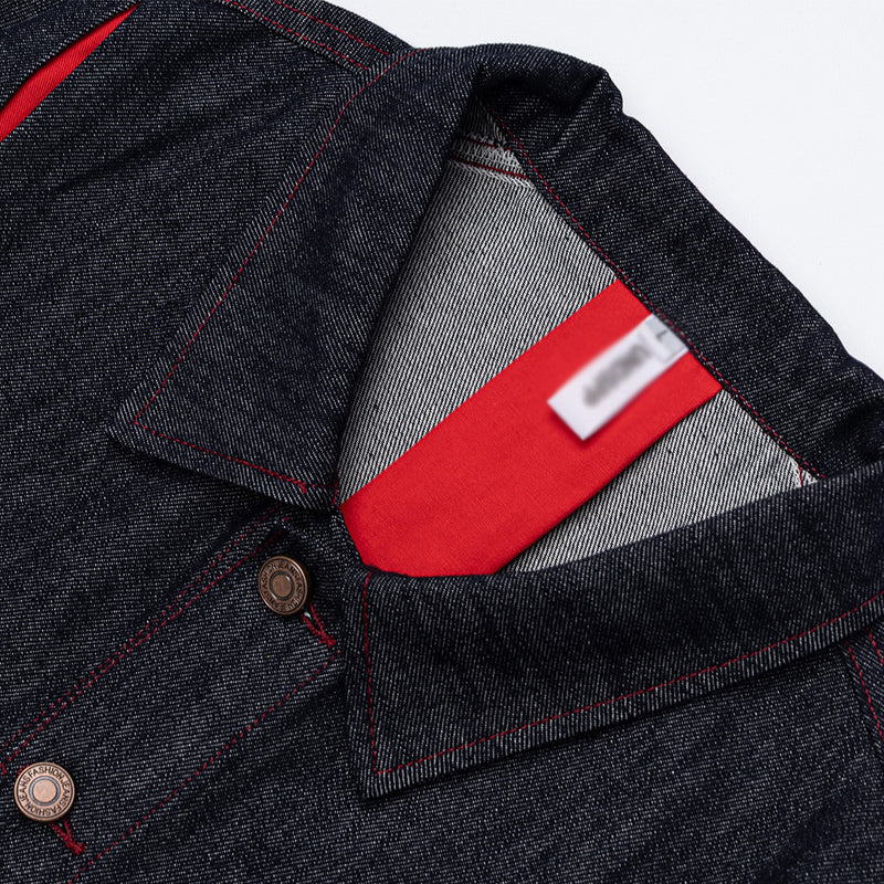 Men's Dark Indigo Denim Jacket with Red Contrast Seam Detail
