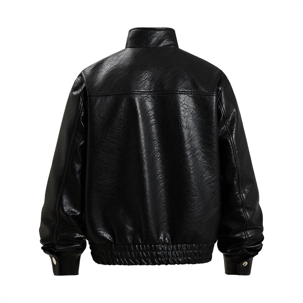 Men's Oversized PU Leather Bomber Jacket – Stand Collar Double-Breasted Snap