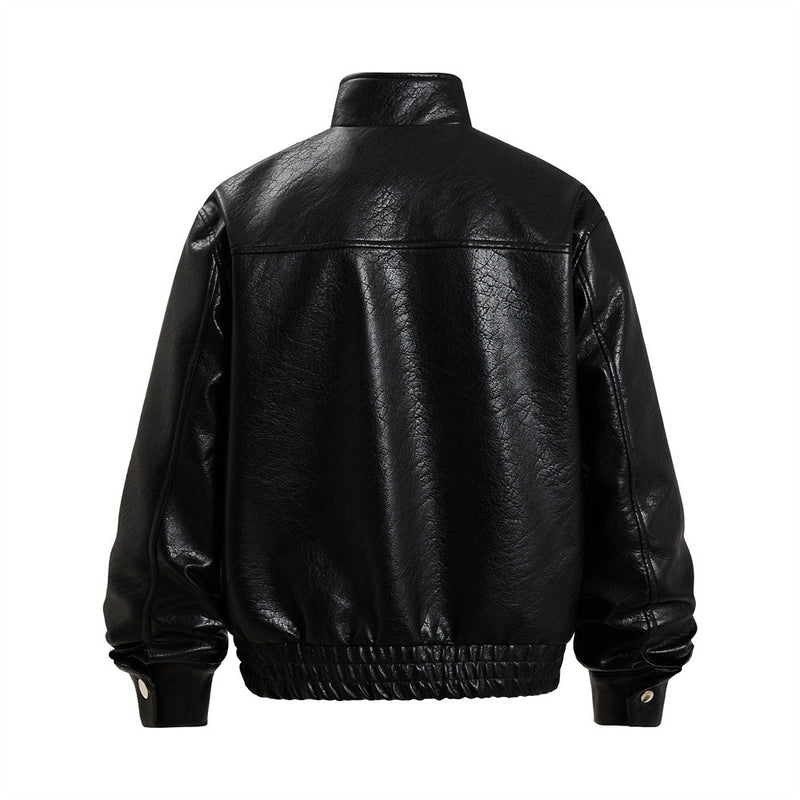 Men's Oversized PU Leather Bomber Jacket – Stand Collar Double-Breasted Snap