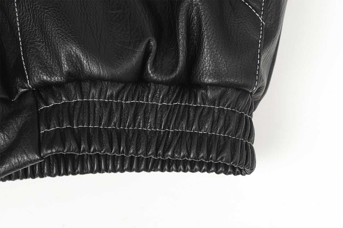 Faux Leather Hooded Bomber Jacket with Faux Fur Collar & Padded Lining