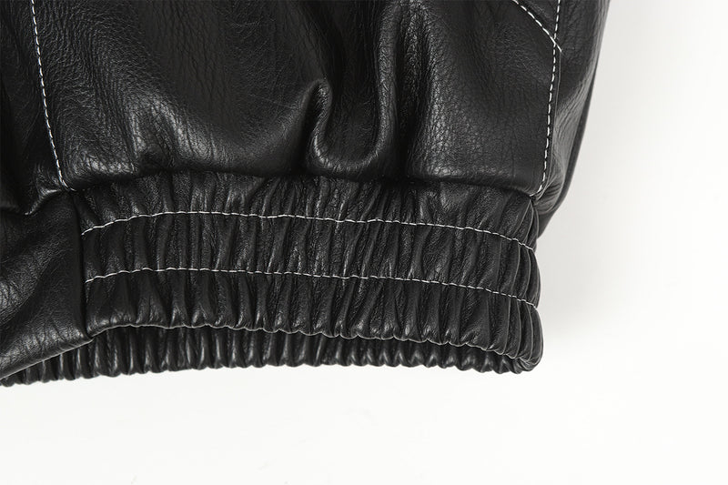Faux Leather Hooded Bomber Jacket with Faux Fur Collar & Padded Lining