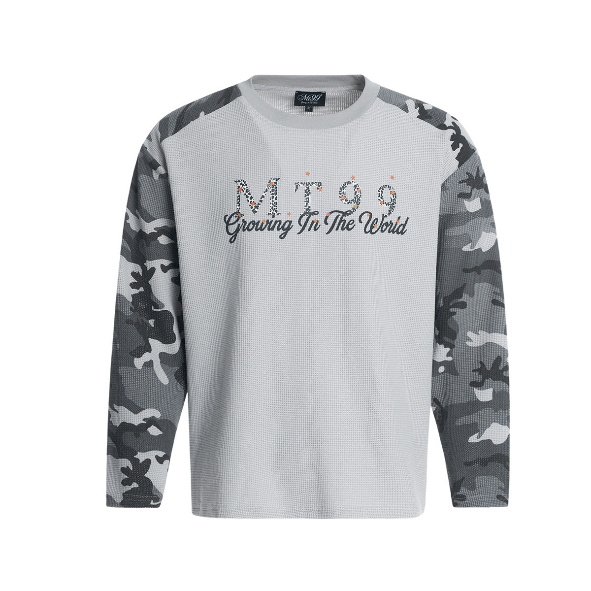 MT99 Raglan-Langarmshirt aus Waffelstrick mit Camouflage – graues Urban-Streetwear-Top