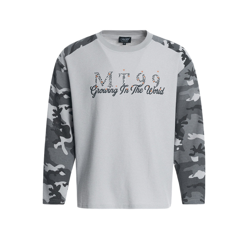 MT99 Raglan-Langarmshirt aus Waffelstrick mit Camouflage – graues Urban-Streetwear-Top