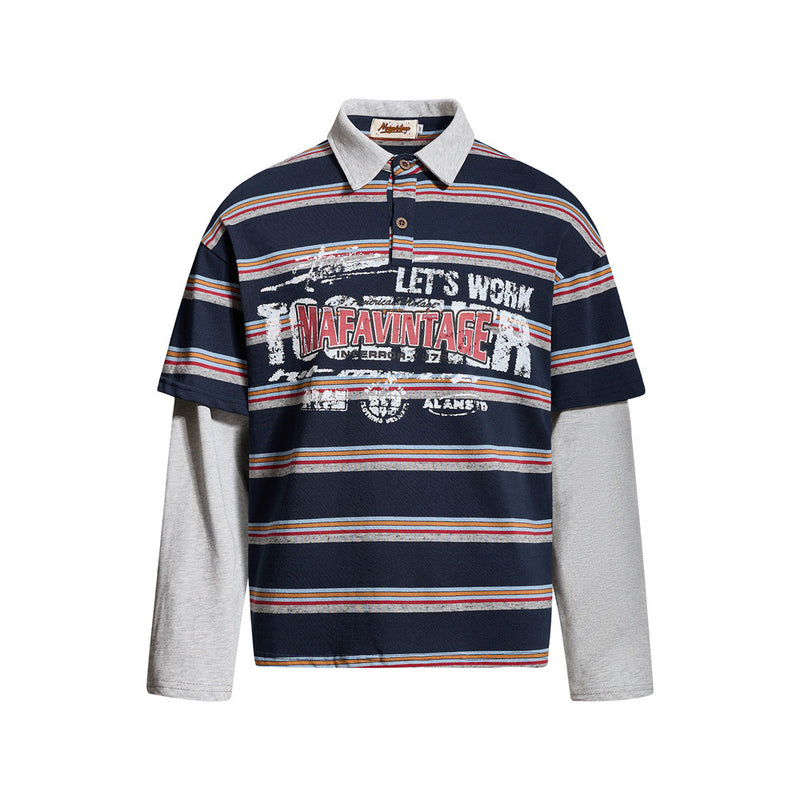 Men's striped faux two-piece long sleeve polo shirt with vintage MAFAVINTAGE chest graphic in navy blue with grey sleeves