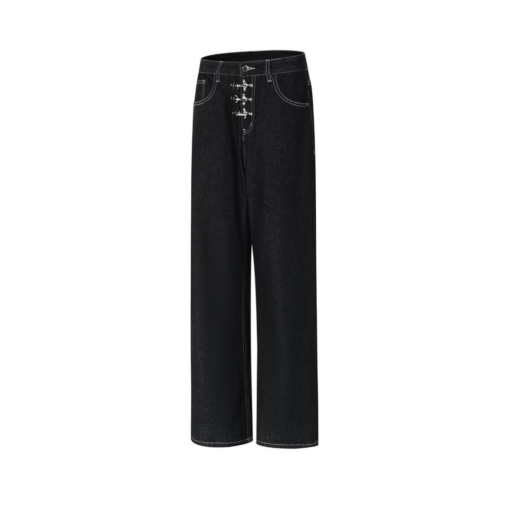 Black Wide-Leg Jeans – Metal Hook Closure & Contrast Stitching Streetwear Denim