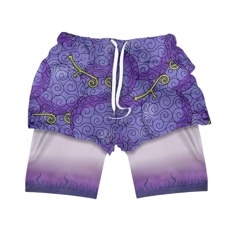 One Piece Devil Fruit Swirl Gym Shorts - Pantalones cortos de entrenamiento de anime para hombres y mujeres | Prenda de fitness inspirada en el Yami púrpura