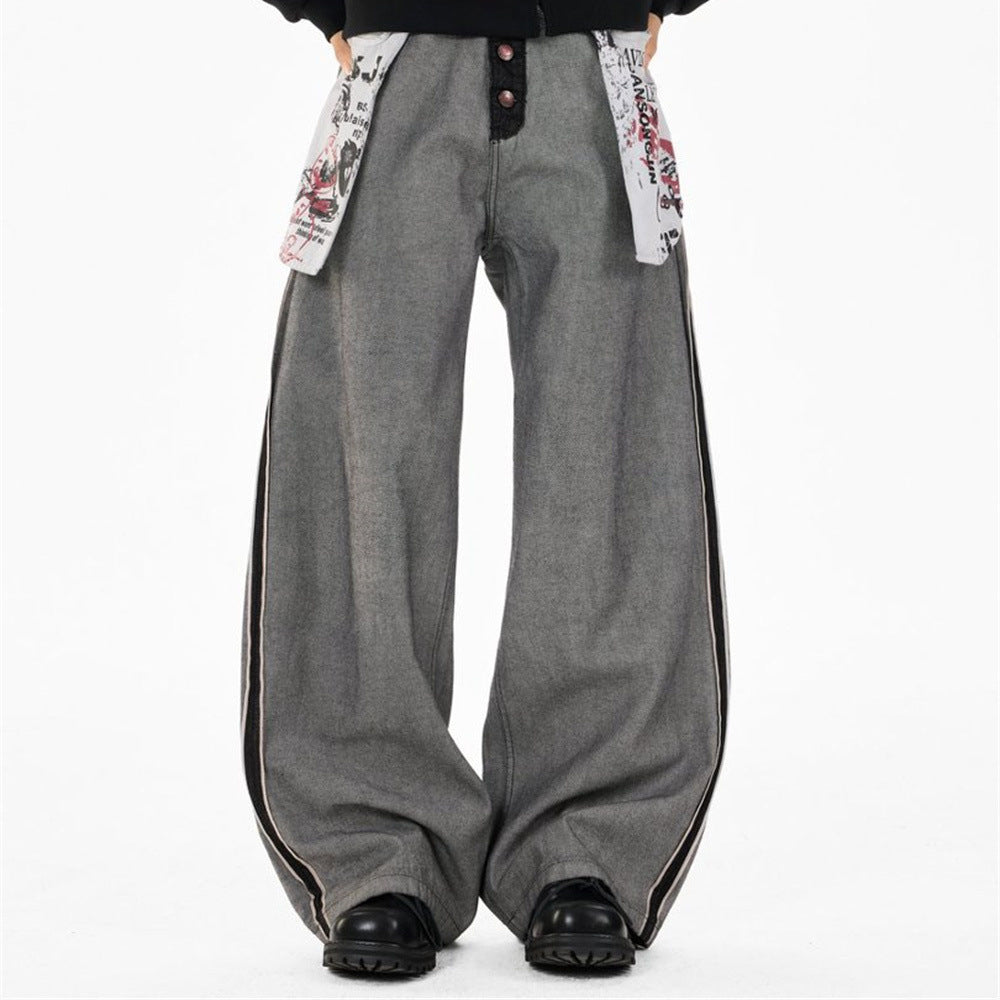 Men's Wide-Leg Straight Jeans – High-Street Graphic Patch, Button Fly, Contrast