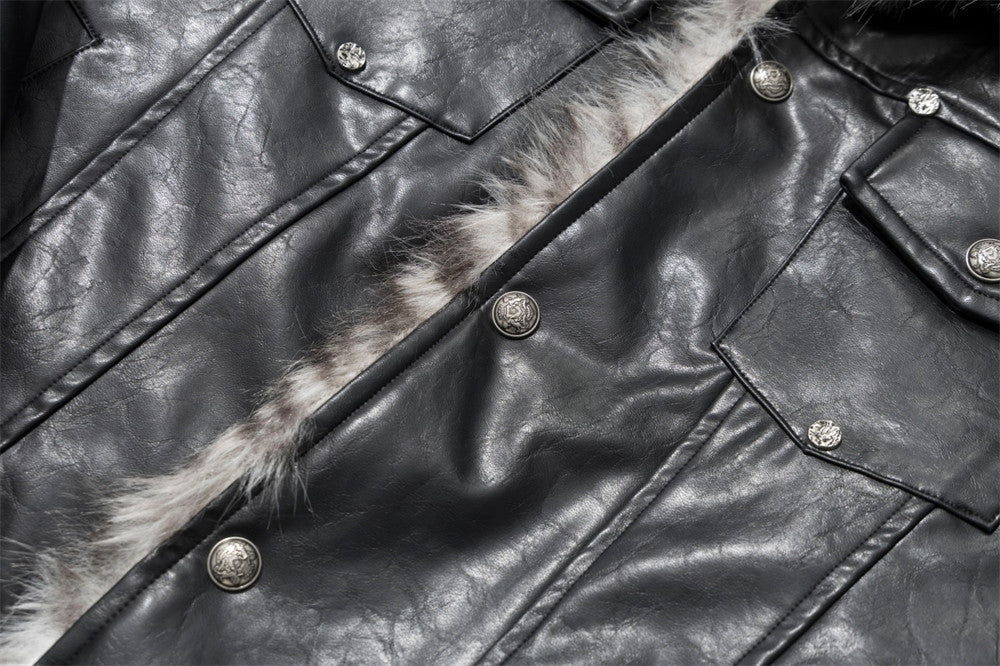 Chaqueta de piel sintética PU negra para hombre con cuello y borde de pelo sintético