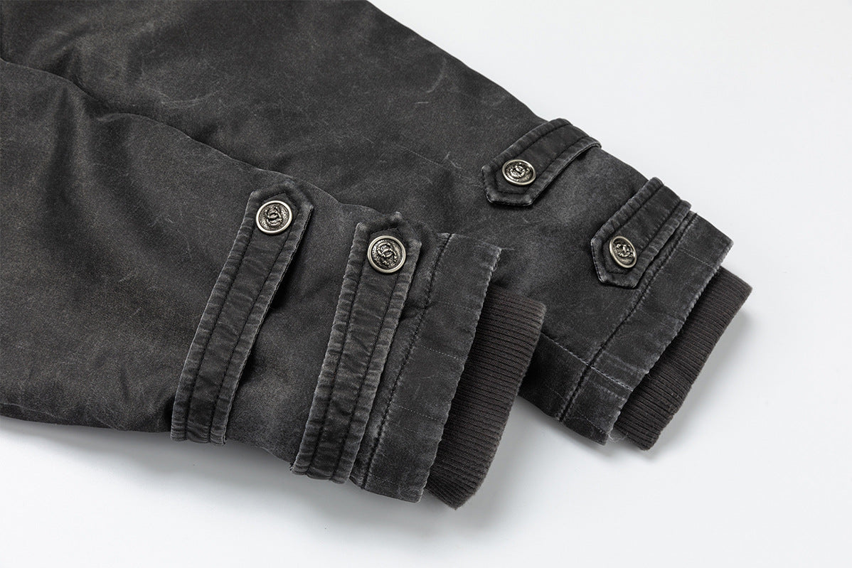 Military-Style Padded Bomber Jacket – Stand Collar, Double-Breasted Buttons
