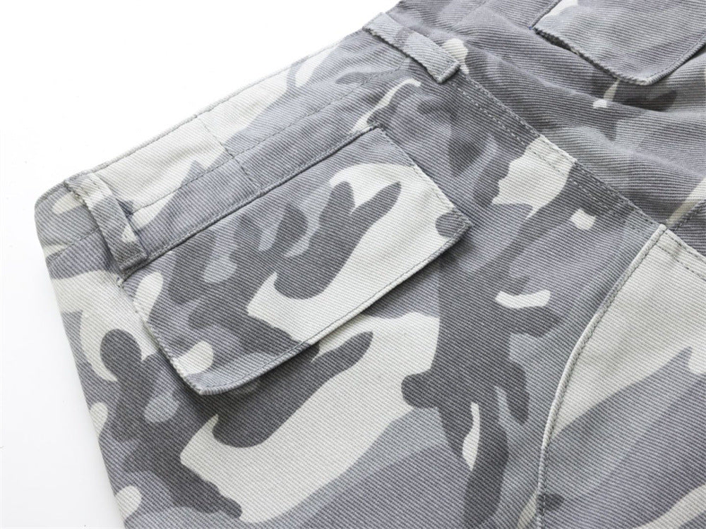 Mens Baggy Cargo Jeans Wide Leg White Camo Pants