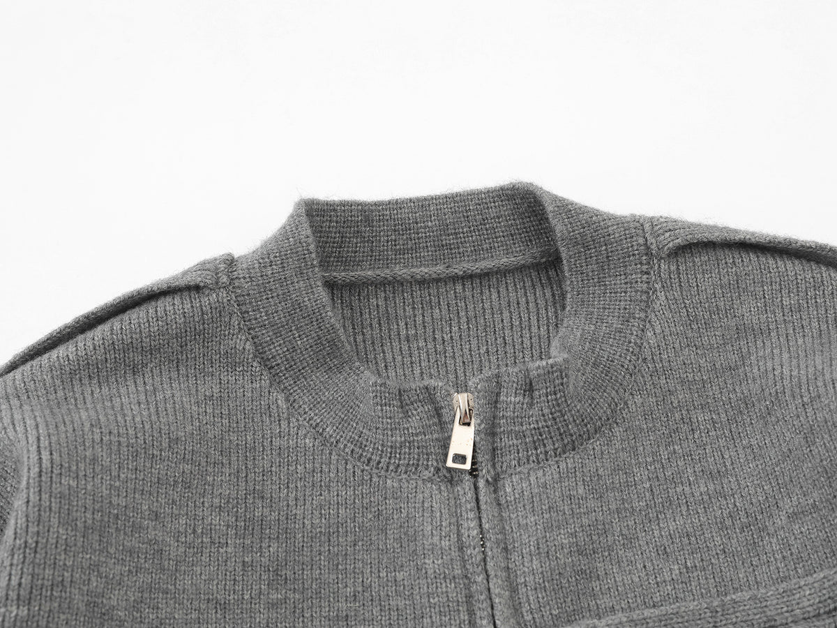 Military-Style Knit Zip Cardigan Sweater with Decorative Button Tabs