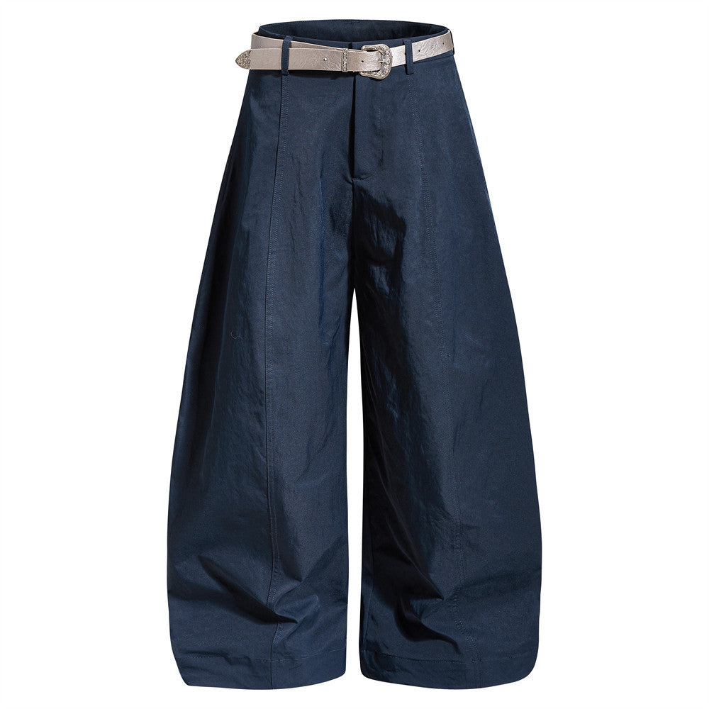 High-waist wide-leg barrel trousers with western buckle belt in navy, sage green, and white
