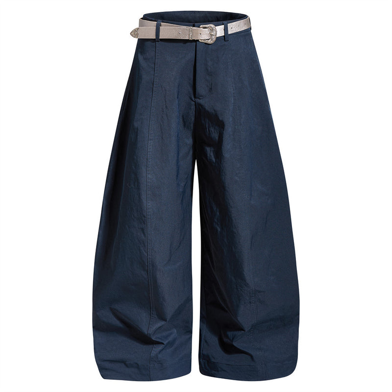 High-waist wide-leg barrel trousers with western buckle belt in navy, sage green, and white